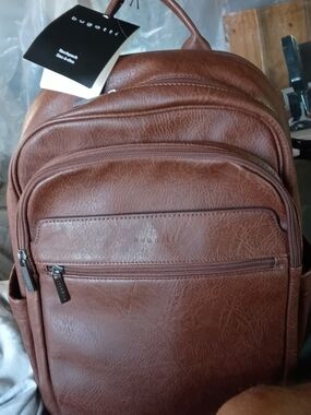 Bugatti Cognac Brown Leather Backpack with Front Zip Pockets